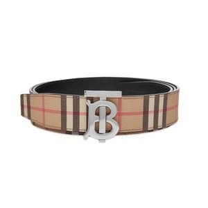 $580 BURBERRY TB 35 BEIGE CHECK BLACK LEATHER REVERSIBLE LOGO BUCKLE BELT 95 38